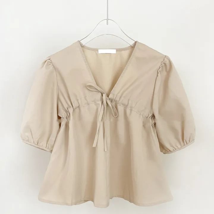 V-Neck Plain Blouse, Short Sleeve