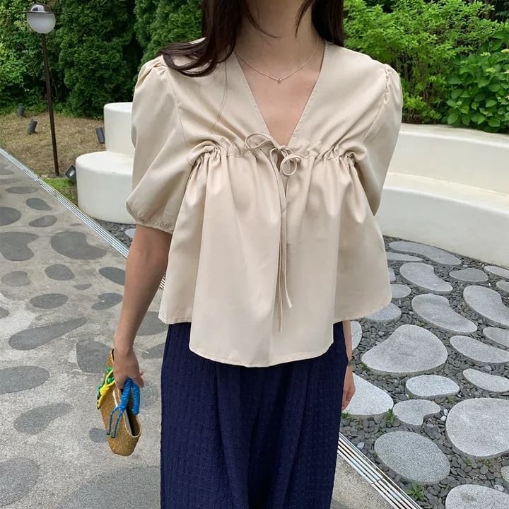 V-Neck Plain Blouse, Short Sleeve