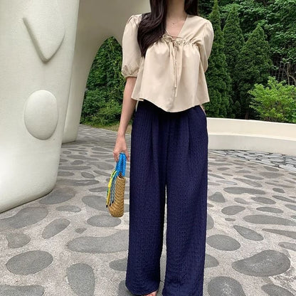V-Neck Plain Blouse, Short Sleeve