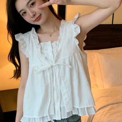 Ruffle Mock Two-Piece Blouse, Sleeveless