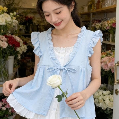 Ruffle Mock Two-Piece Blouse, Sleeveless