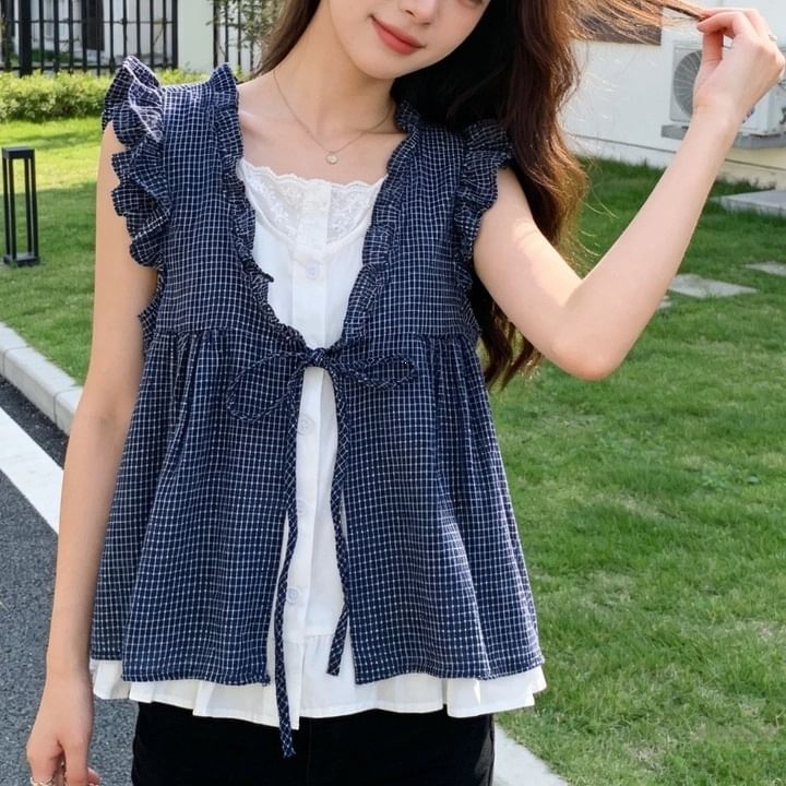 Ruffle Mock Two-Piece Blouse, Sleeveless