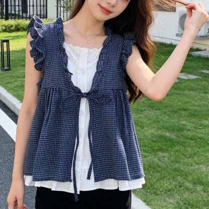 Ruffle Mock Two-Piece Blouse, Sleeveless