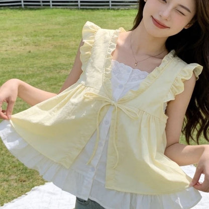 Ruffle Mock Two-Piece Blouse, Sleeveless