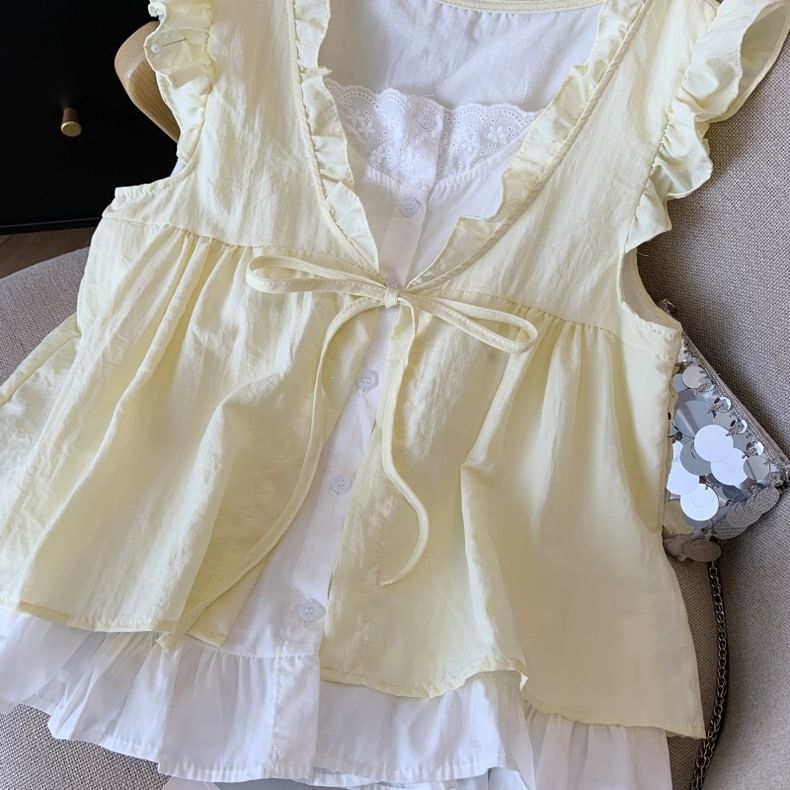 Ruffle Mock Two-Piece Blouse, Sleeveless