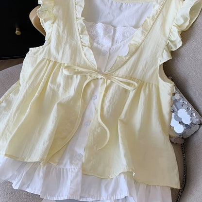 Ruffle Mock Two-Piece Blouse, Sleeveless