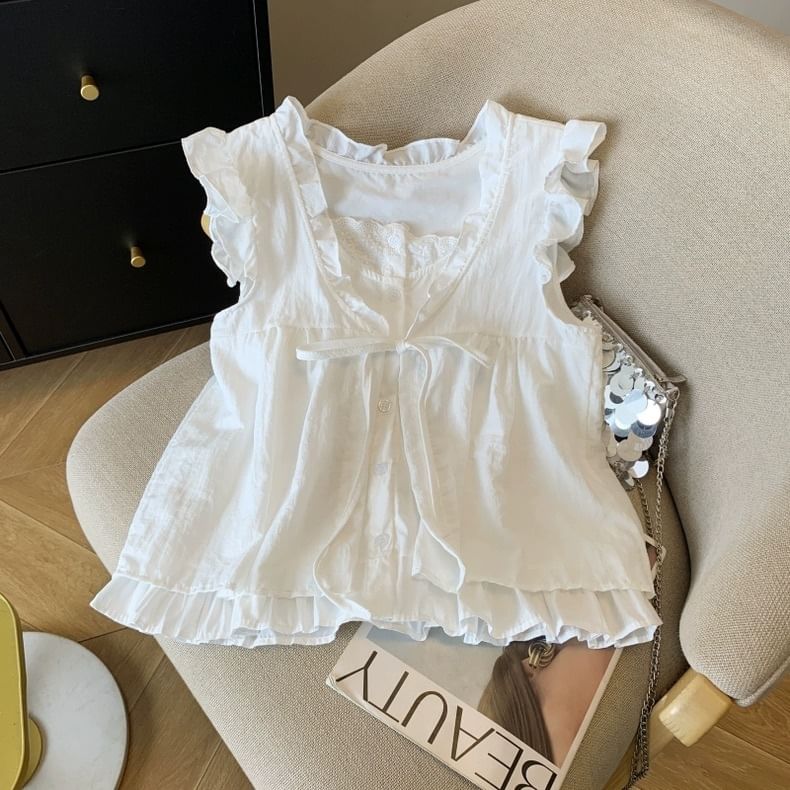 Ruffle Mock Two-Piece Blouse, Sleeveless