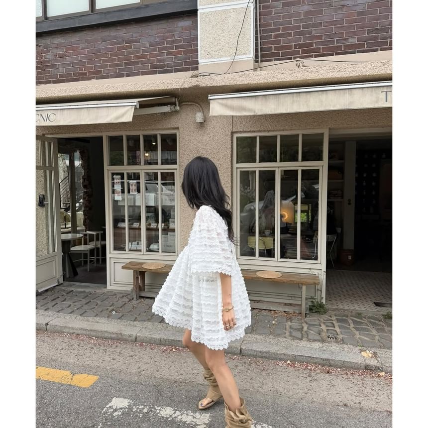 Dotted Lace Trim Ruffle Blouse with Square Neckline