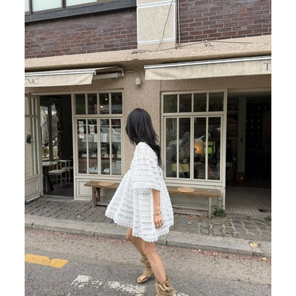 Dotted Lace Trim Ruffle Blouse with Square Neckline