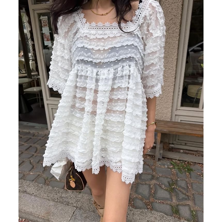 Dotted Lace Trim Ruffle Blouse with Square Neckline