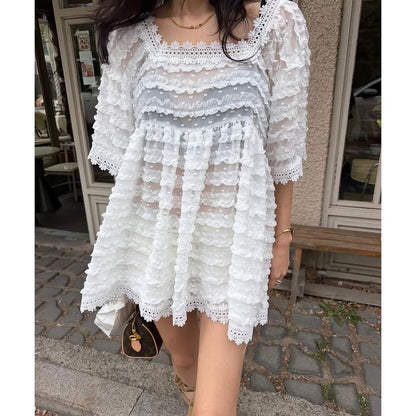 Dotted Lace Trim Ruffle Blouse with Square Neckline