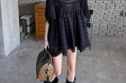 Dotted Lace Trim Ruffle Blouse with Square Neckline