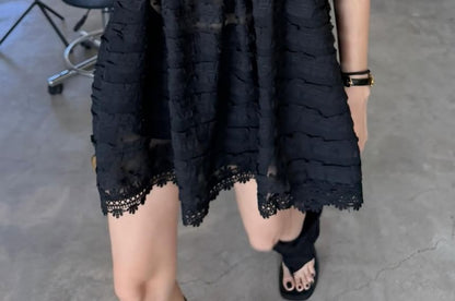 Dotted Lace Trim Ruffle Blouse with Square Neckline