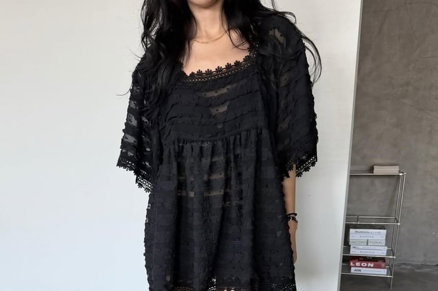 Dotted Lace Trim Ruffle Blouse with Square Neckline