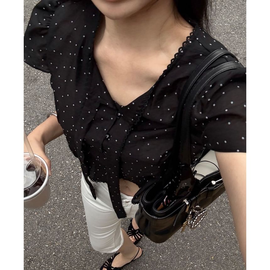 Polka Dot Tie-Neck Blouse, Short Sleeve