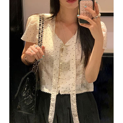 Polka Dot Tie-Neck Blouse, Short Sleeve