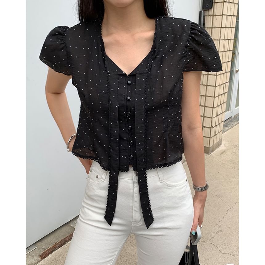 Polka Dot Tie-Neck Blouse, Short Sleeve