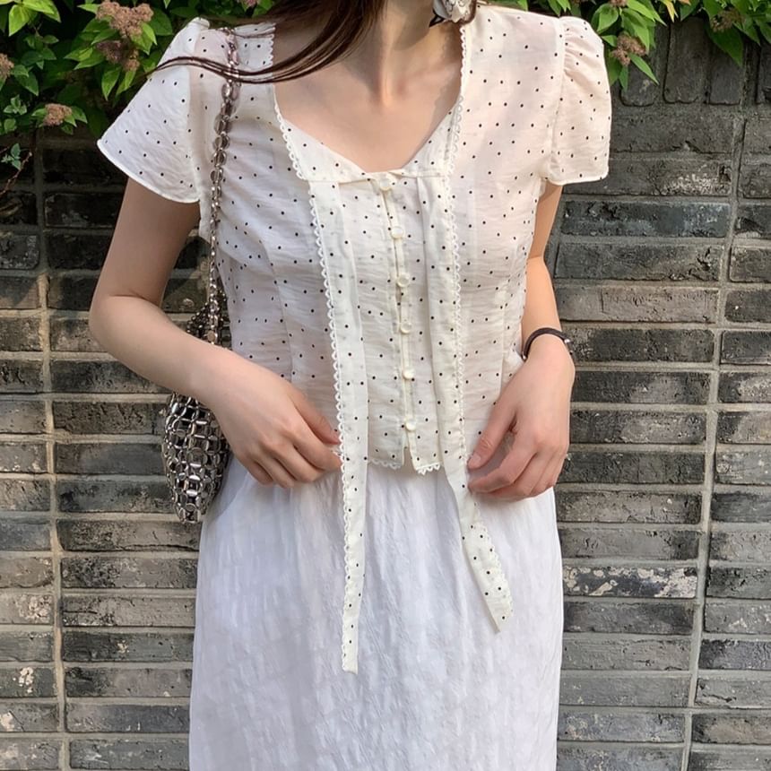 Polka Dot Tie-Neck Blouse, Short Sleeve