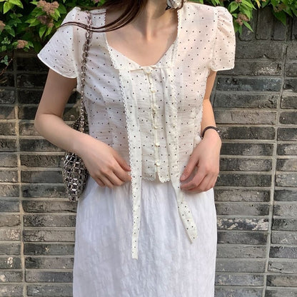 Polka Dot Tie-Neck Blouse, Short Sleeve