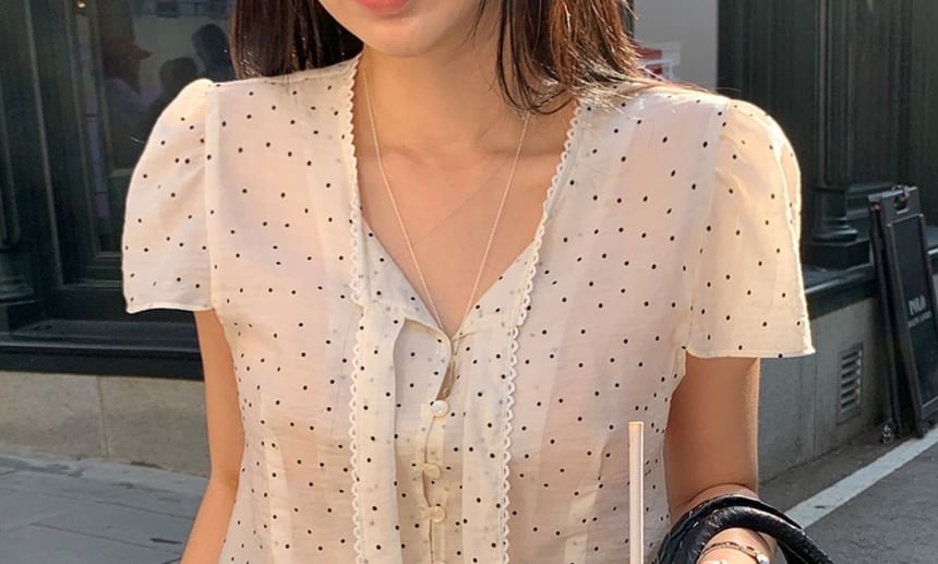 Polka Dot Tie-Neck Blouse, Short Sleeve