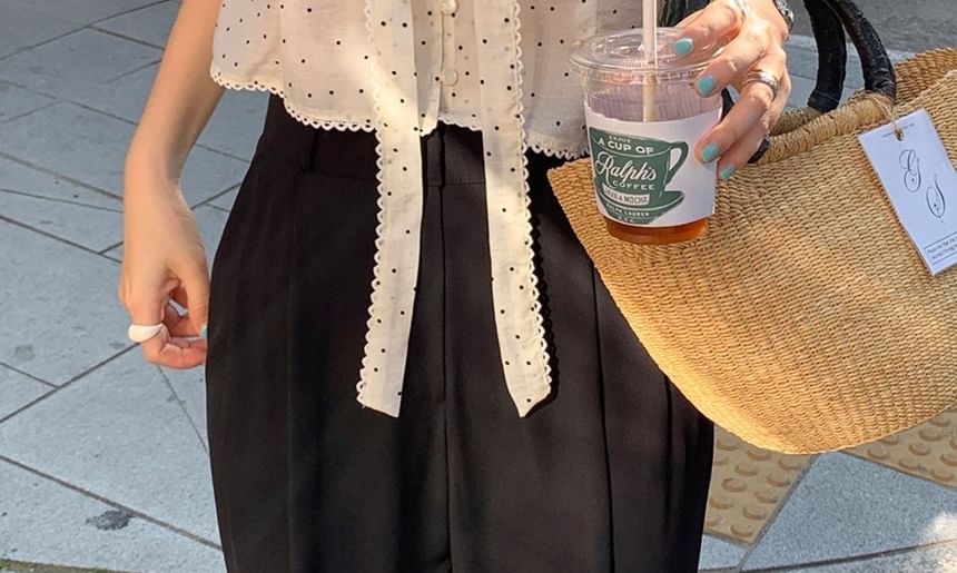 Polka Dot Tie-Neck Blouse, Short Sleeve