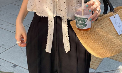 Polka Dot Tie-Neck Blouse, Short Sleeve