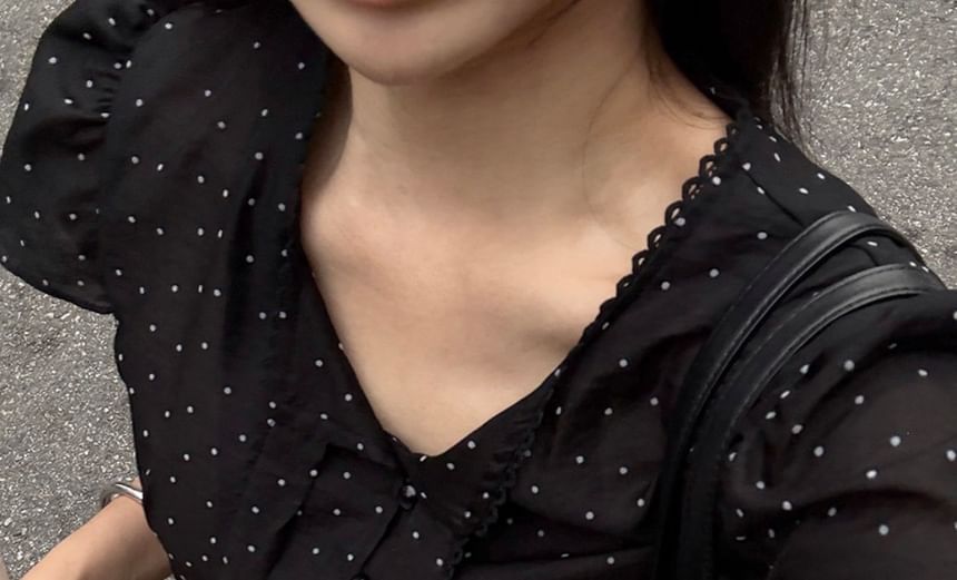 Polka Dot Tie-Neck Blouse, Short Sleeve