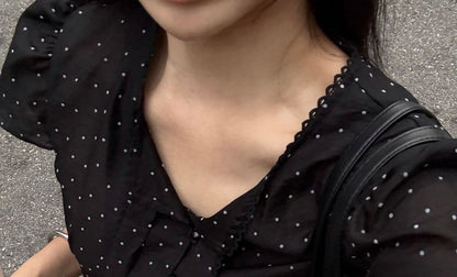Polka Dot Tie-Neck Blouse, Short Sleeve
