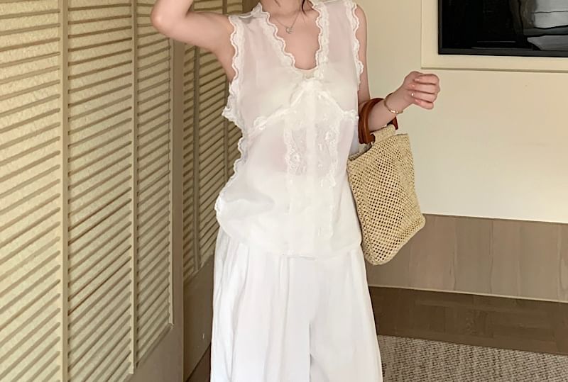 Lace Trim V-Neck Blouse, Sleeveless