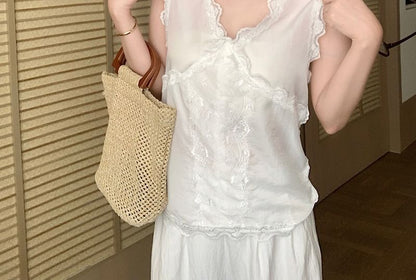 Lace Trim V-Neck Blouse, Sleeveless