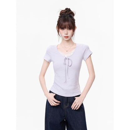 Lace Trim V-Neck Top, Short Sleeve