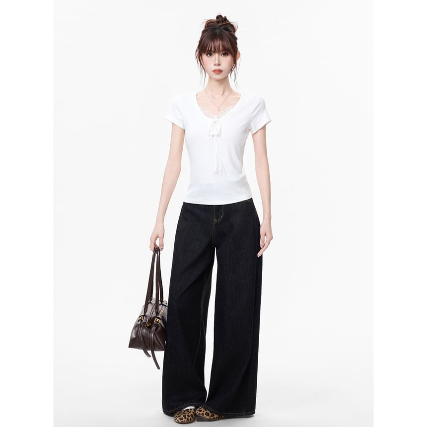 Lace Trim V-Neck Top, Short Sleeve