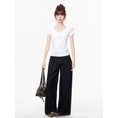 Lace Trim V-Neck Top, Short Sleeve