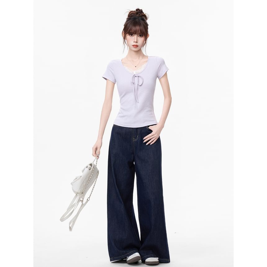 Lace Trim V-Neck Top, Short Sleeve