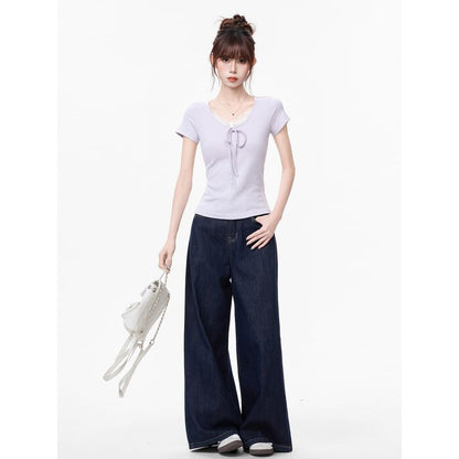 Lace Trim V-Neck Top, Short Sleeve