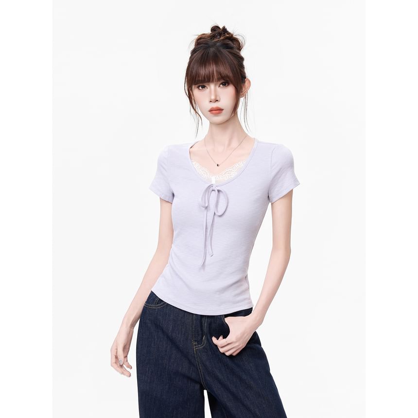 Lace Trim V-Neck Top, Short Sleeve