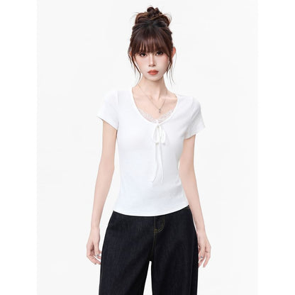 Lace Trim V-Neck Top, Short Sleeve