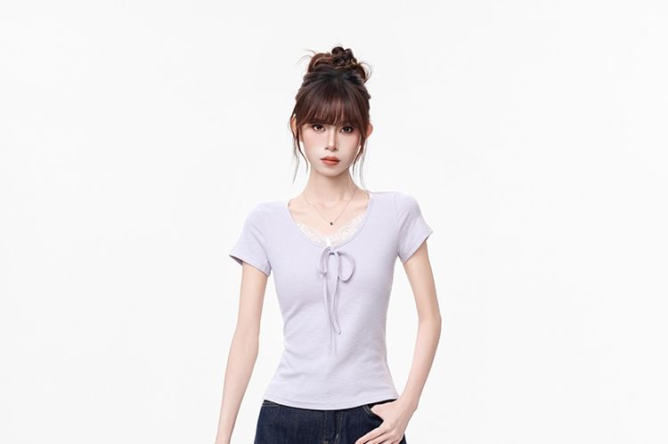 Lace Trim V-Neck Top, Short Sleeve
