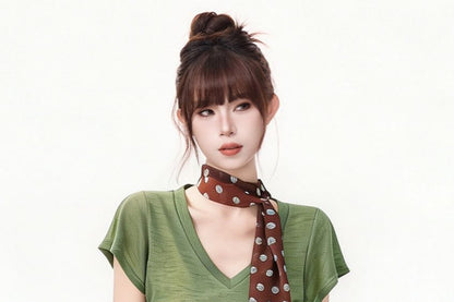 V-Neck Plain Top with Dotted Twilly Set