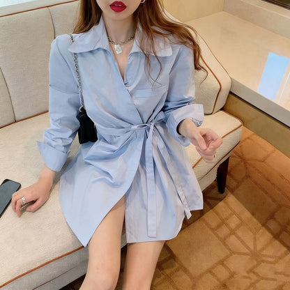 Asymmetrical Tie Waist Button-Up Blouse with Collar