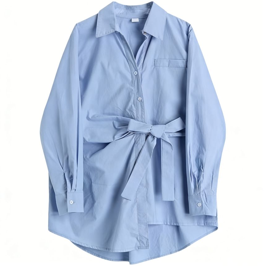 Asymmetrical Tie Waist Button-Up Blouse with Collar