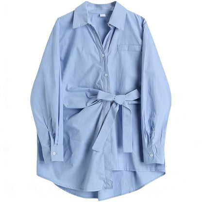 Asymmetrical Tie Waist Button-Up Blouse with Collar