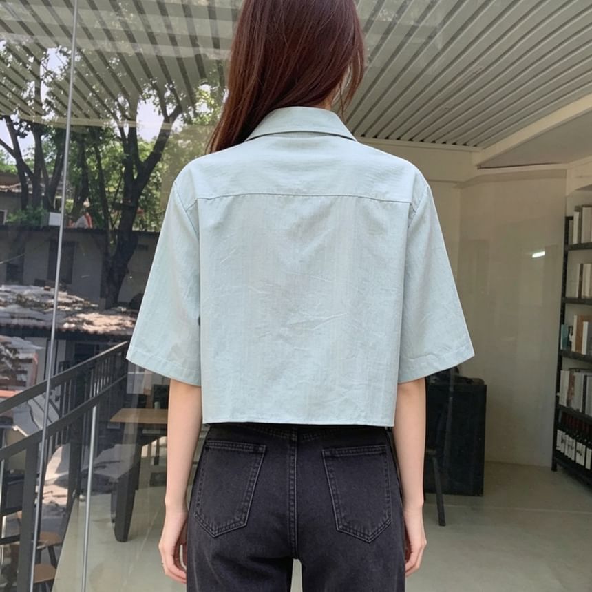 Button-Up Crop Shirt, Elbow Sleeve