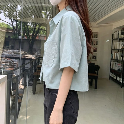 Button-Up Crop Shirt, Elbow Sleeve