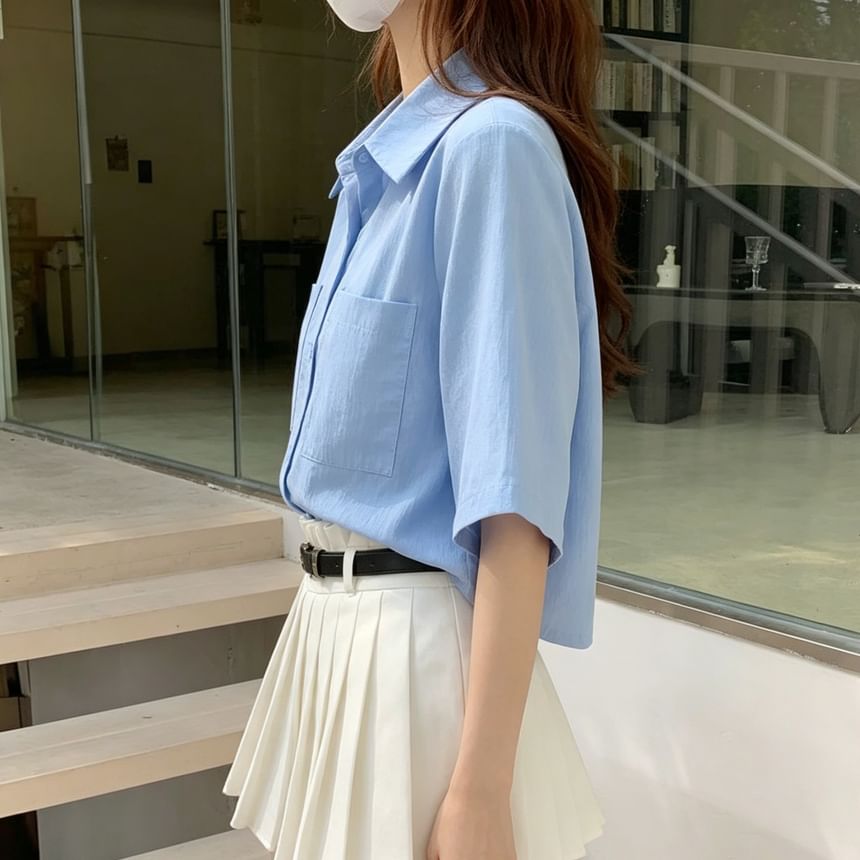 Button-Up Crop Shirt, Elbow Sleeve