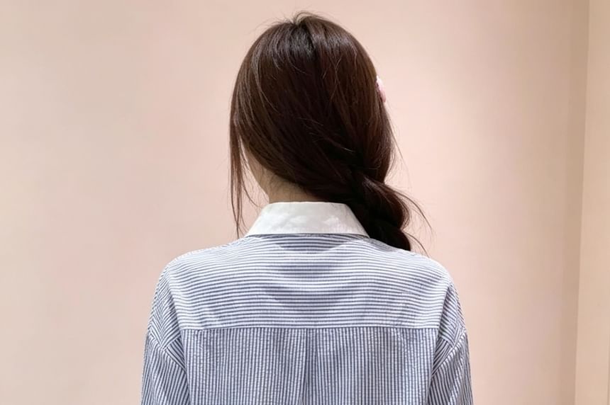 Striped Lace Trim Button-Up Crop Shirt, Long Sleeve