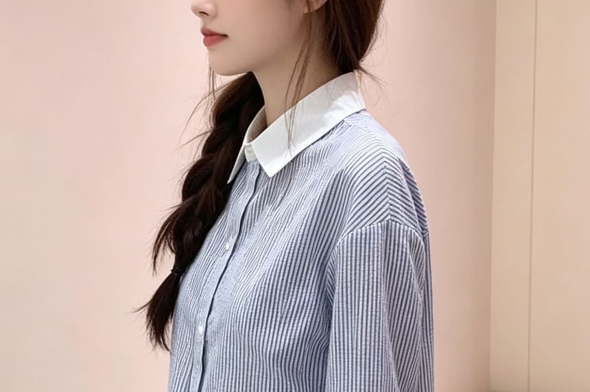 Striped Lace Trim Button-Up Crop Shirt, Long Sleeve