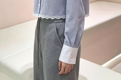 Striped Lace Trim Button-Up Crop Shirt, Long Sleeve