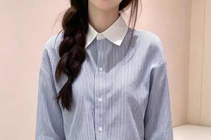 Striped Lace Trim Button-Up Crop Shirt, Long Sleeve