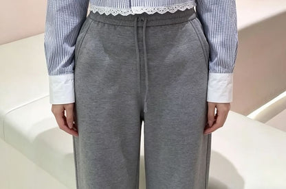 Striped Lace Trim Button-Up Crop Shirt, Long Sleeve